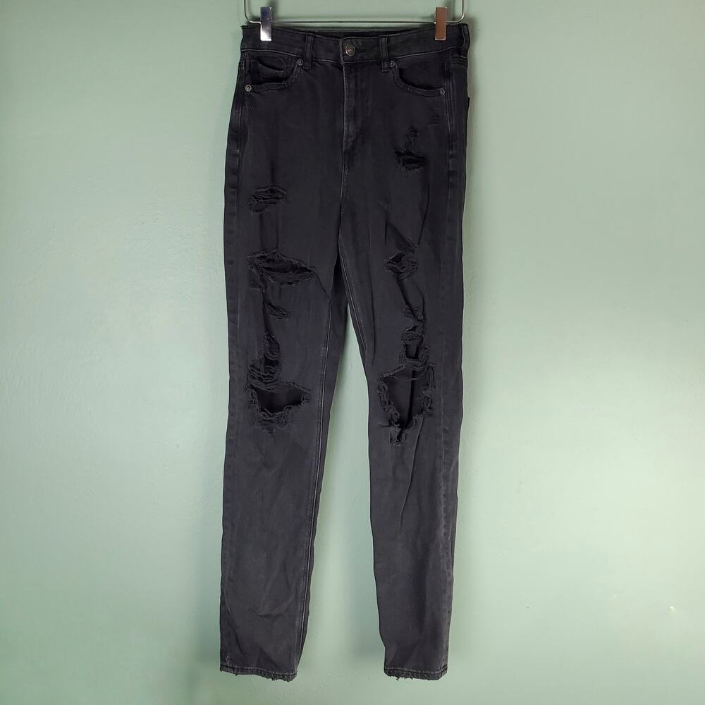 American Eagle Womens Black Distressed Mom Jeans Size 4 X-Long